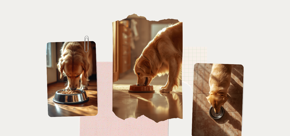 Perro comiendo de su plato en un ambiente hogareño cálido