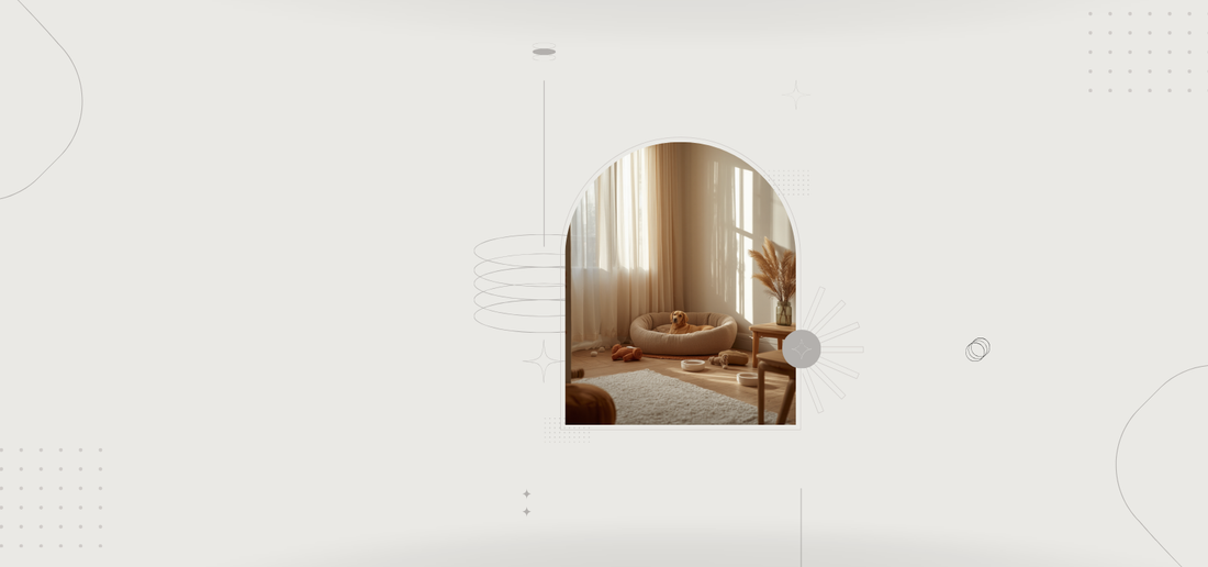 Interior de hogar moderno y acogedor con cama para mascota