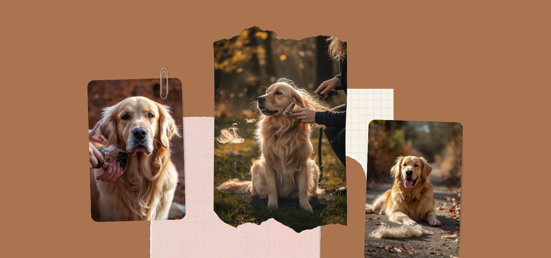 Golden retriever de pelaje esponjoso siendo cepillado al aire libre