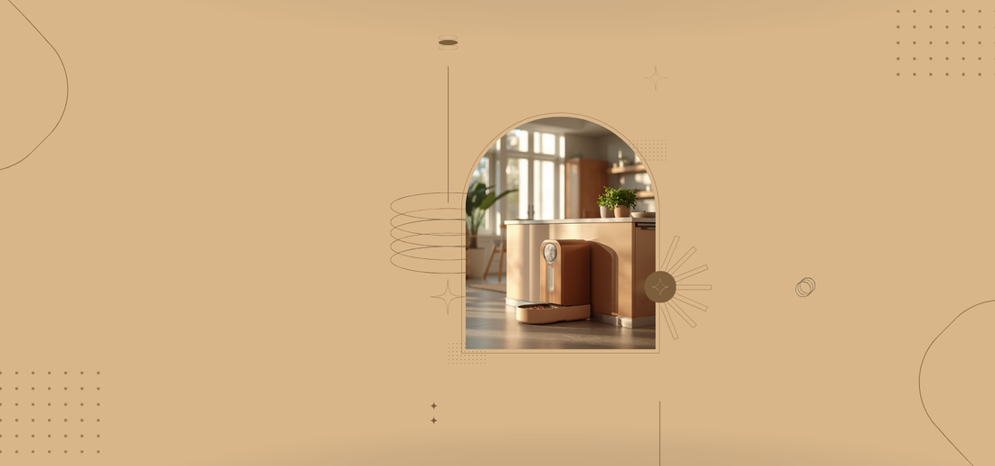 Comedero automático moderno dispensando alimento en una cocina